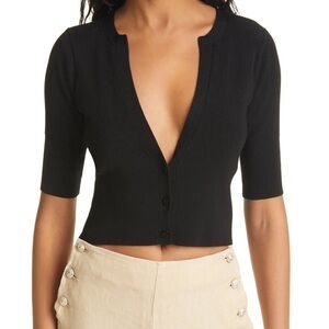 L’agence Carrie Plunge Neck Short Sleeve Ribbed Cardigan Button Front Black Med